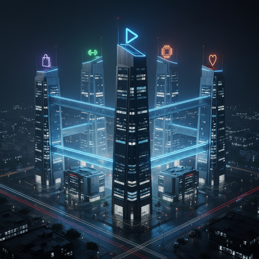 A highly detailed glass and steel cityscape at night representing multiple brands under one holding, each building crowned with a distinct, minimalist icon for different sectors: a stylized play button, shopping bag, dumbbell, circuit board, and heart. The towers are connected by glowing skybridges of soft blue light, symbolizing operational integration. Cool, crisp illumination from building windows reflects on wet, dark pavement below, creating dynamic light trails. The atmosphere is energetic and futuristic, with low haze enhancing light beams. Shot from a slightly elevated, wide-angle perspective, sharp focus across the frame. Photographic realism with a high-contrast, professional corporate feel.