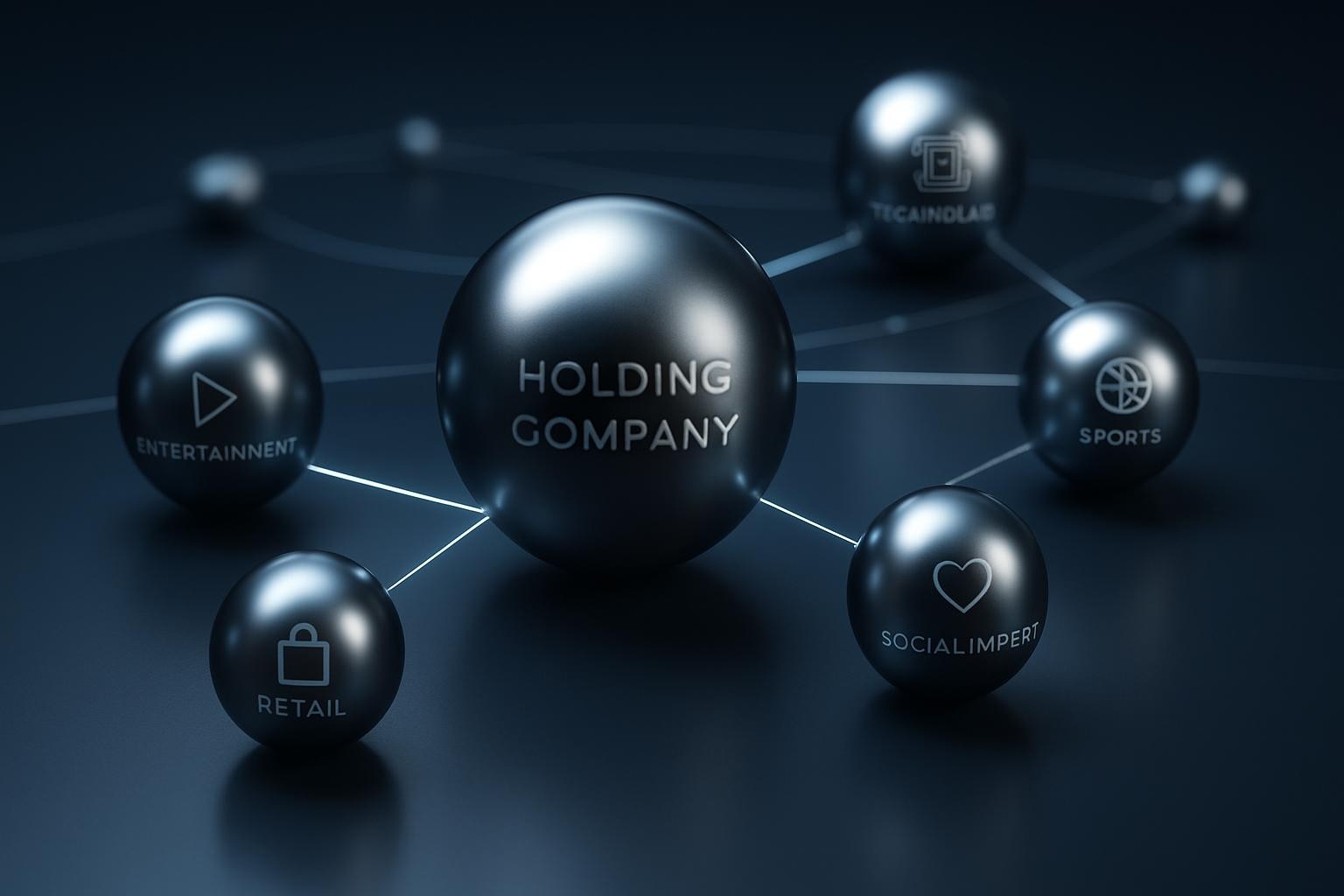 A sleek, abstract representation of a diversified holding company shown as an interconnected ecosystem of brands, with polished metallic spheres of different sizes labeled with subtle icons for entertainment, retail, sports, technology, and social impact. The spheres are connected by thin luminous lines over a deep navy, slightly reflective surface, suggesting structure and integration. Cool white studio lighting from above creates crisp reflections and soft shadows, emphasizing a professional, high-tech mood. Captured at an eye-level angle with a shallow depth of field, the front cluster in sharp focus and the background connections softly blurred. Photographic realism with a clean, modern corporate aesthetic, conveying strategic integration and scalable growth.
